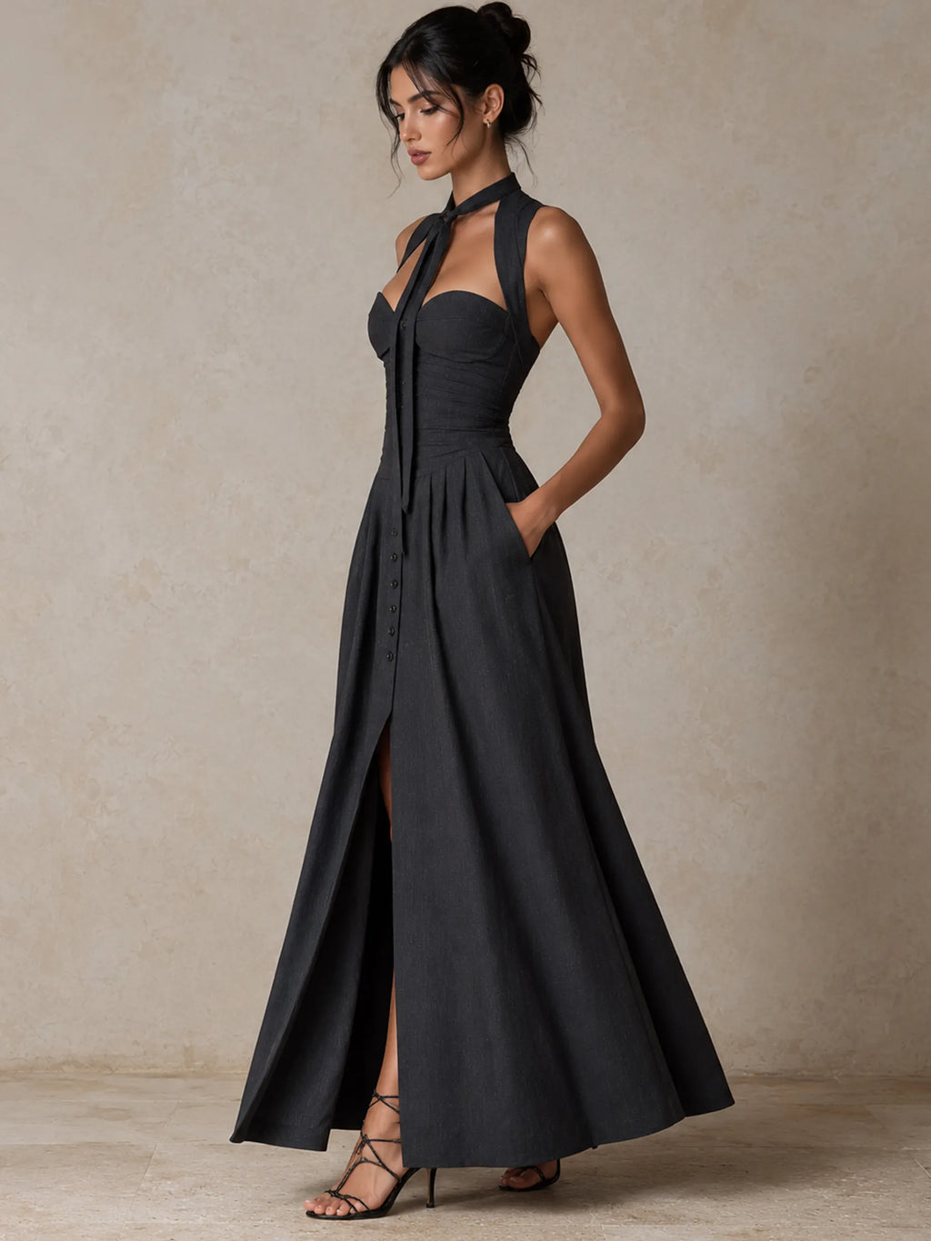 Bustier Halter Neck Maxi Dress With Front Slit