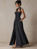 Bustier Halter Neck Maxi Dress With Front Slit