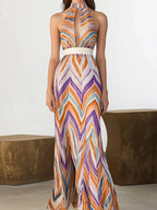 Colorful Chevron Print Chiffon Sleeveless Maxi Dress