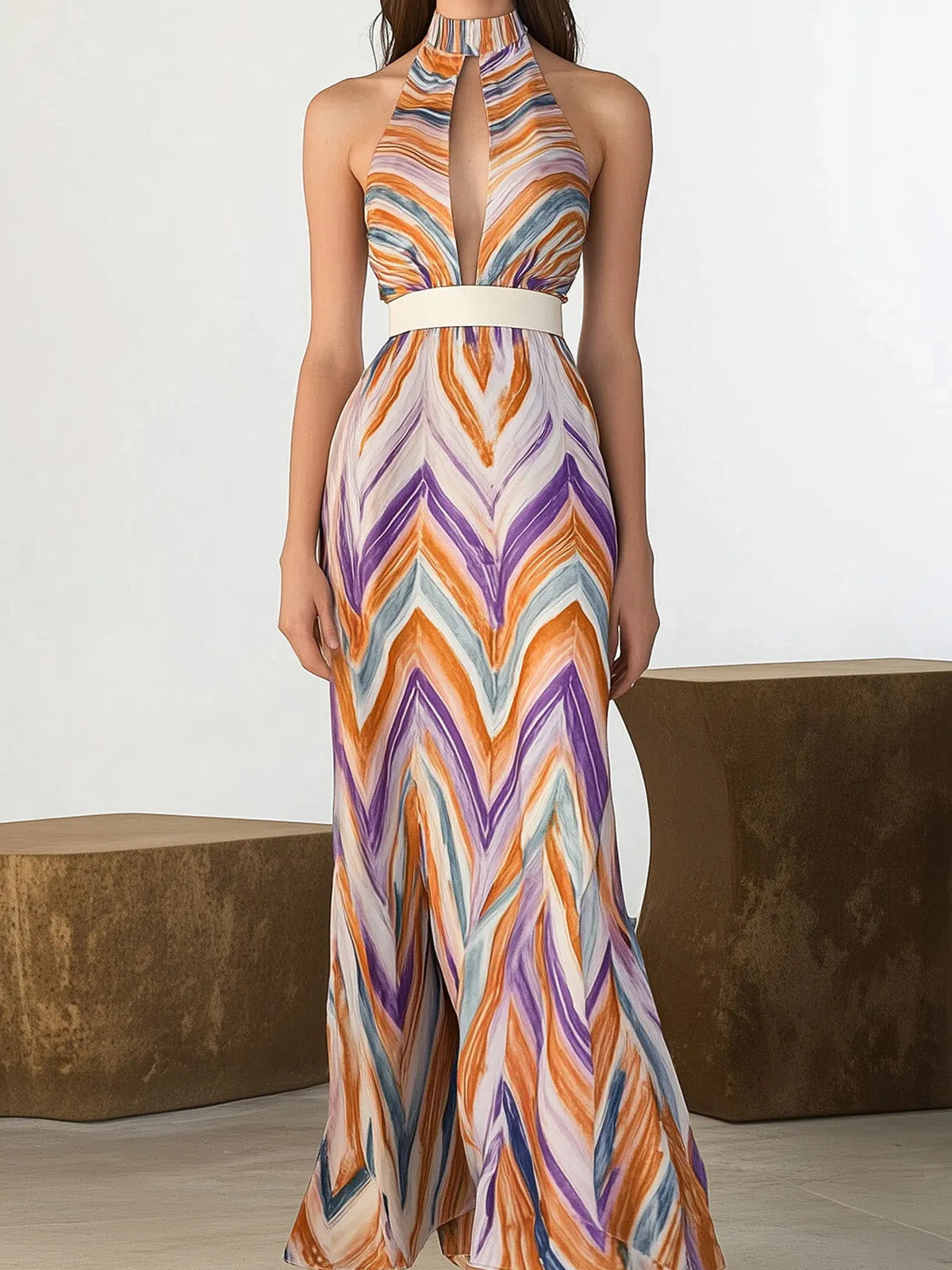 Colorful Chevron Print Chiffon Sleeveless Maxi Dress