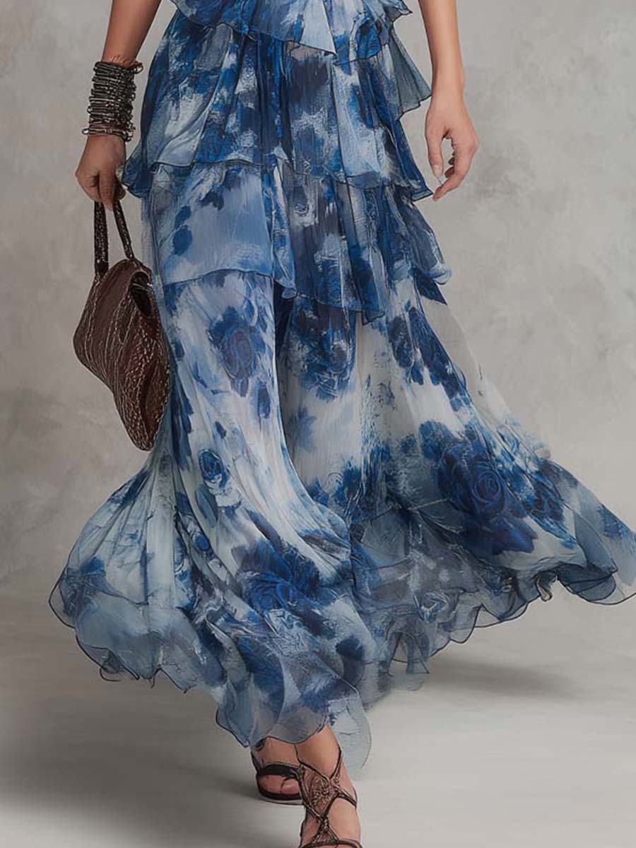 Bohemian Halter Neck Tiered Chiffon Maxi Dress