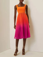 Orange Pleated Ombre Classic Square Neck Sleeveless A-Line Midi Dress