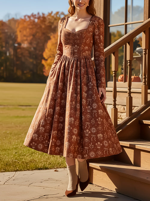Midi Linen Dress, Long Sleeves, Sweetheart Neck, Floral, Vintage, Caramel
