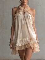 Beige Ruffled Trim Patchwork Chiffon Mini Dress