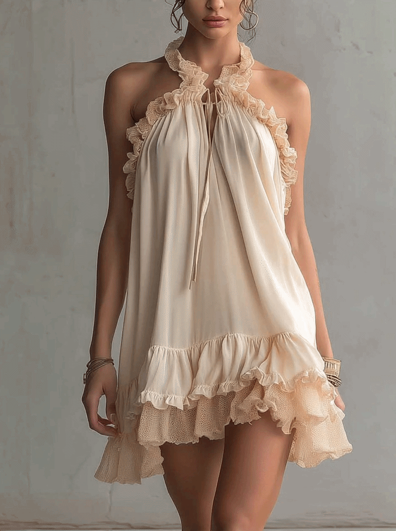 Beige Ruffled Trim Patchwork Chiffon Mini Dress