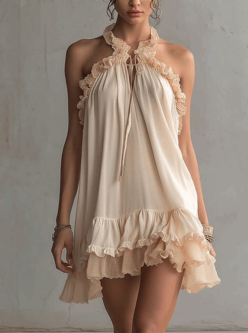 Beige Ruffled Trim Patchwork Chiffon Mini Dress
