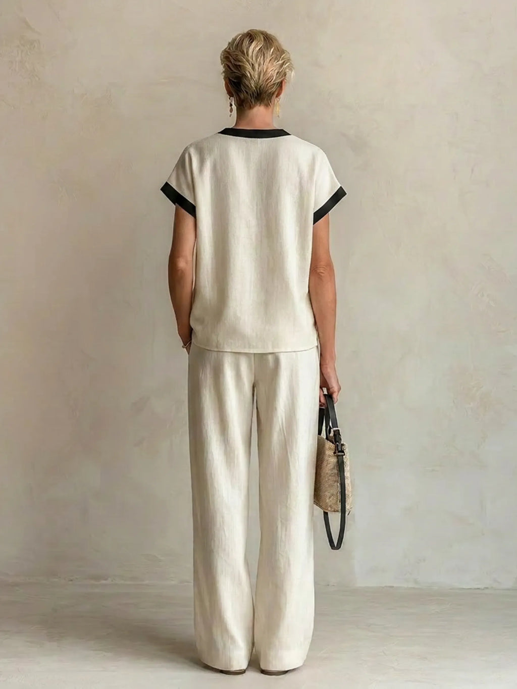 Cream Linen-Blend Color-Block V-Neck Top & Wide-Leg Pants Two-Piece Set