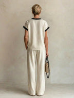 Cream Linen-Blend Color-Block V-Neck Top & Wide-Leg Pants Two-Piece Set