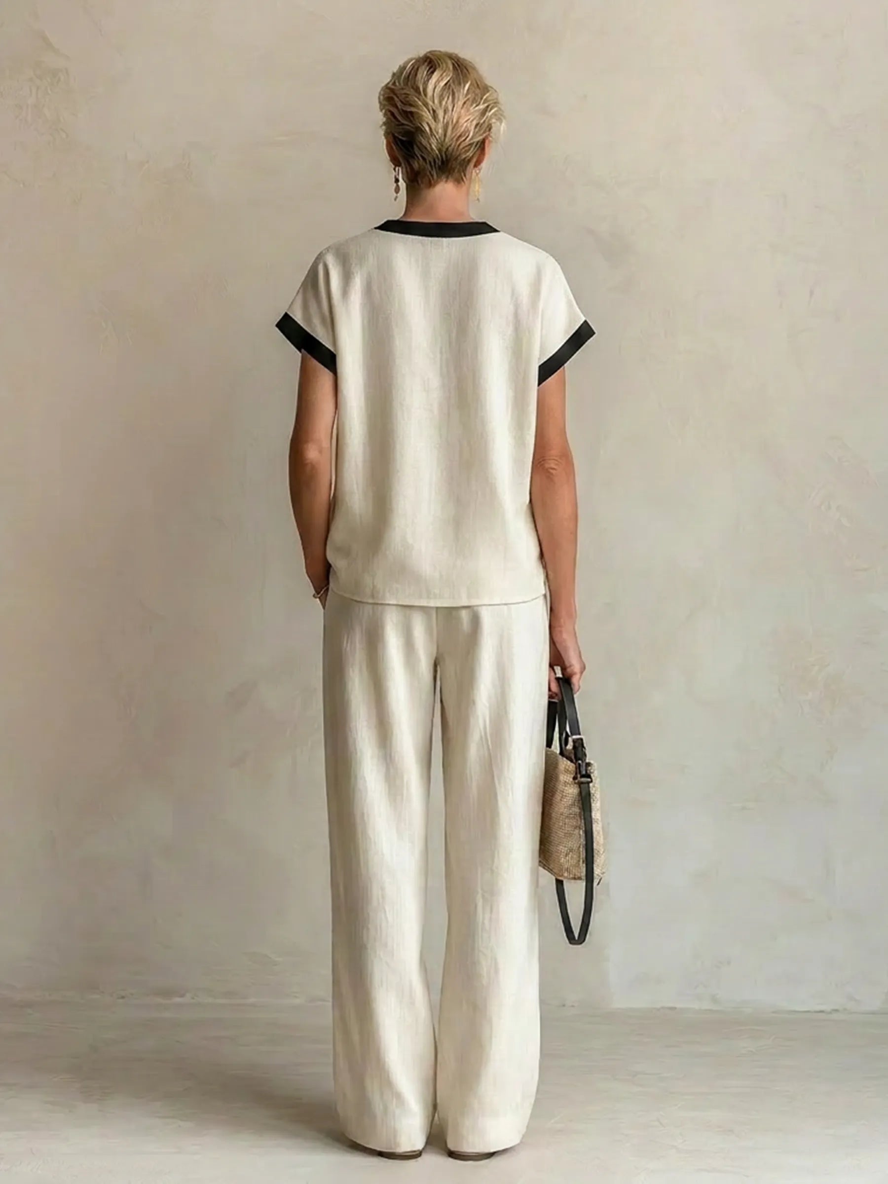 Cream Linen-Blend Color-Block V-Neck Top & Wide-Leg Pants Two-Piece Set