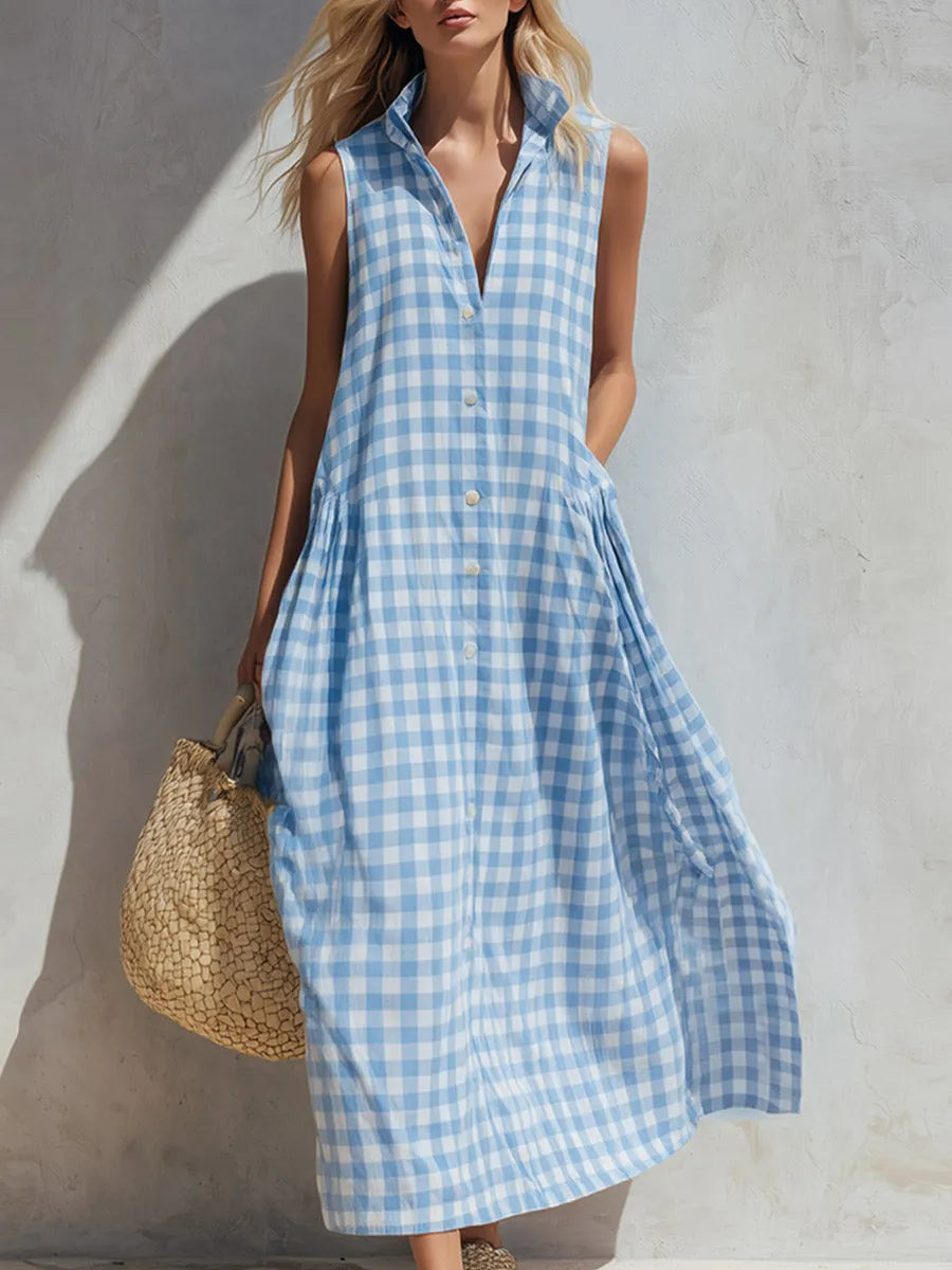 Chic Urban Blue Yarn-Dyed Plaid Lapel Sleeveless Maxi Dress