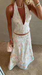 Beaded Floral Halter Two Piece Maxi Skirt Set