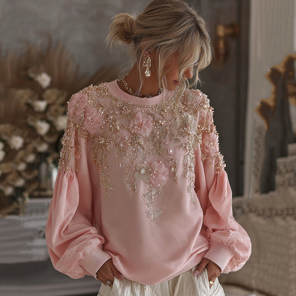 Women's Vintage Pink Rose Embroidery Art Round Neck Casual Sweatshirt