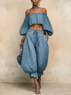 Blue Off-Shoulder Linen-Blend Two-Piece Balloon Pant Set