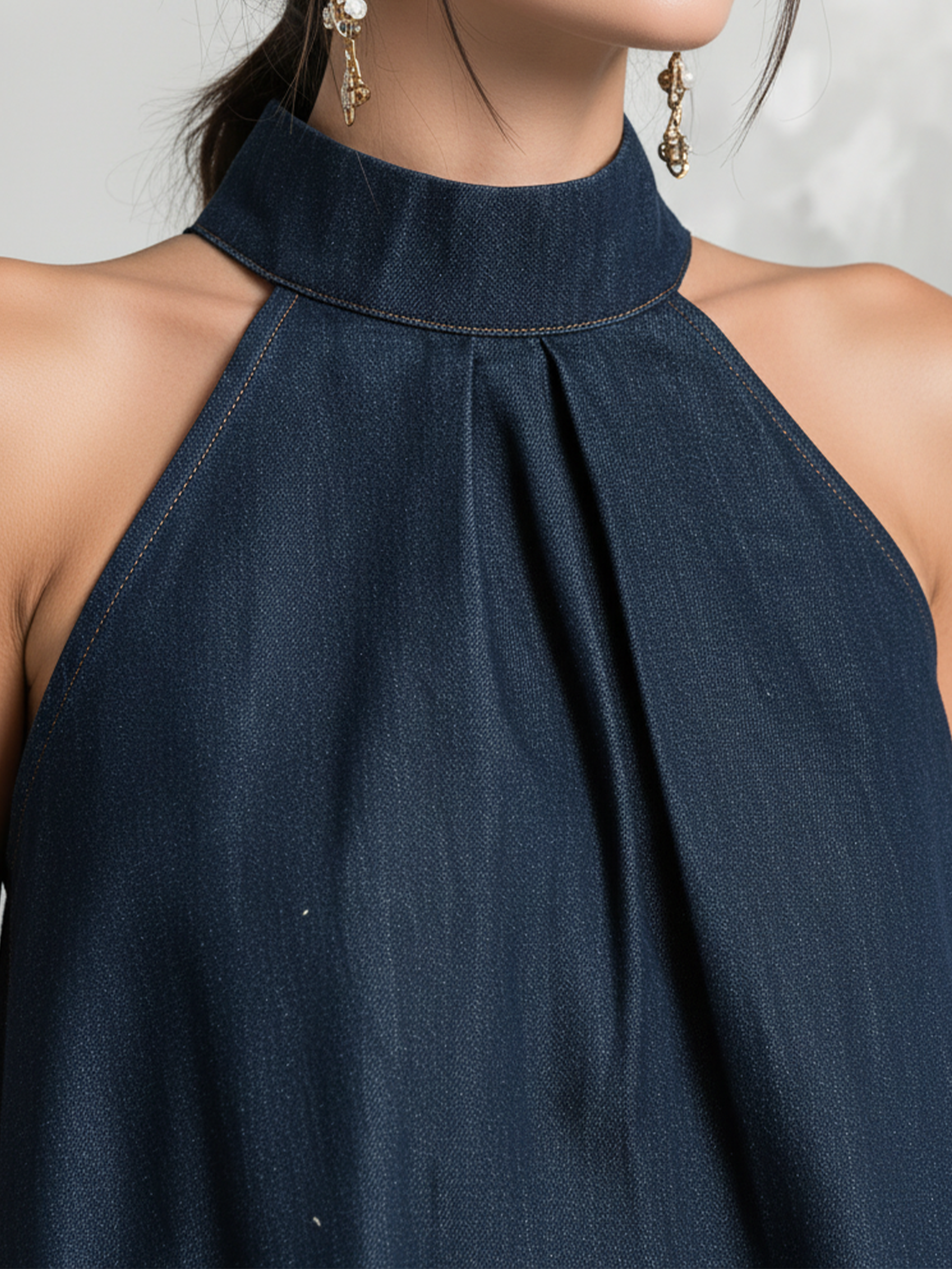 Dark Blue Denim Halter Neck Oversized Maxi Dress