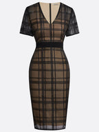 Black Organza Plaid Classic V Neck Short Sleeve Sheath Midi Dress