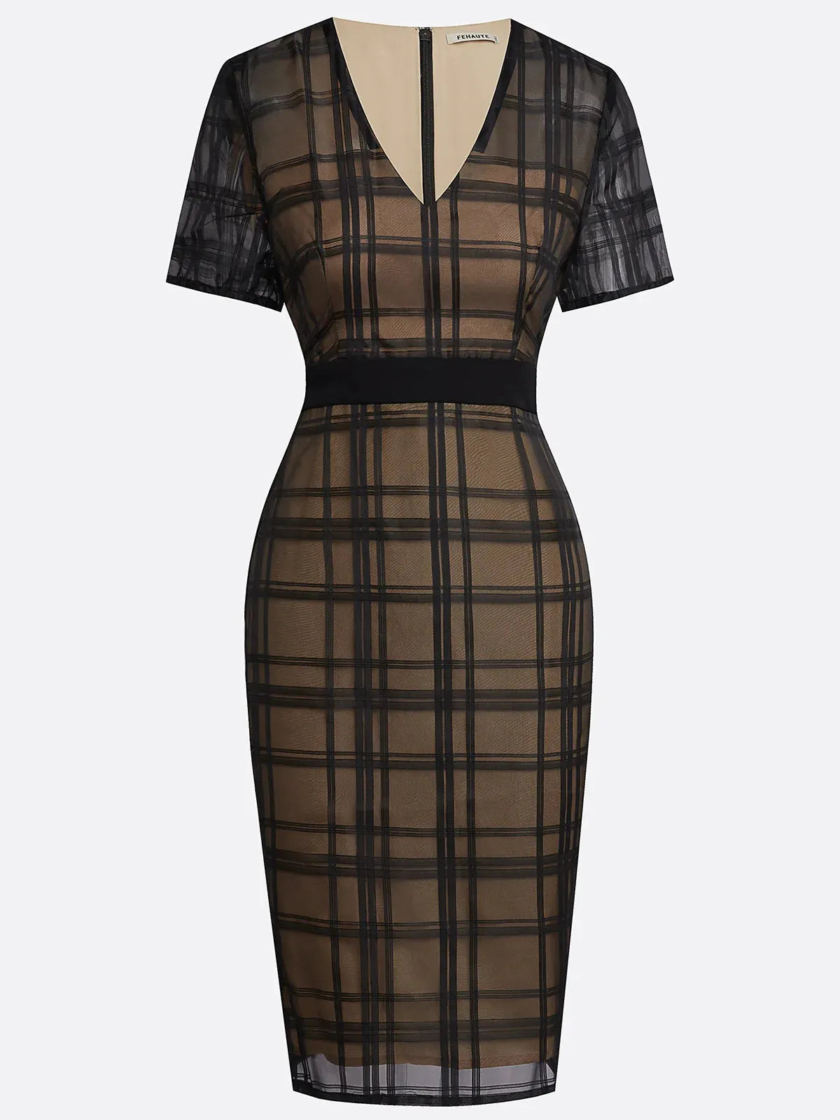 Black Organza Plaid Classic V Neck Short Sleeve Sheath Midi Dress