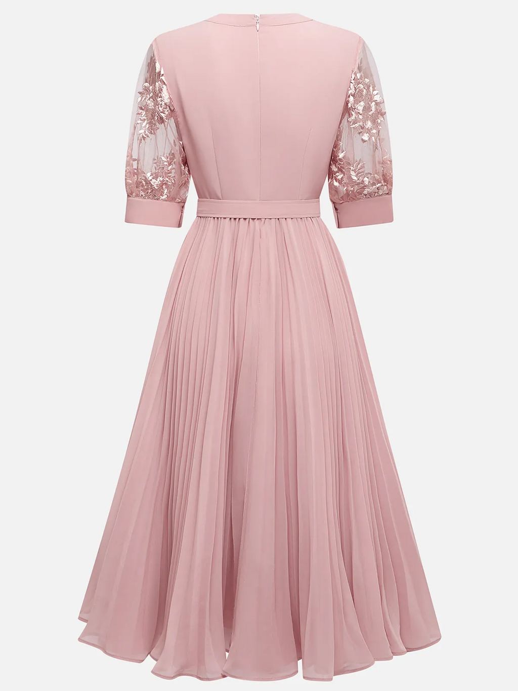 Pink Pleated Lace V Neck A-Line Midi Chiffon Dress