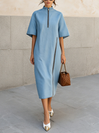 Light Wash Denim Half-Zip Midi Dress