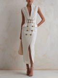 Belted Sleeveless Blazer Midi Dress With Gold Buttons