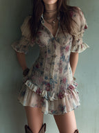 Retro Shirred Waist Floral Pattern Chiffon Mini Dress