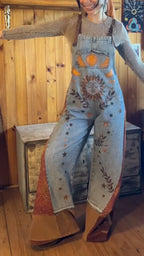 Sun Moon Star Print Patchwork Denim Dungaree Overalls