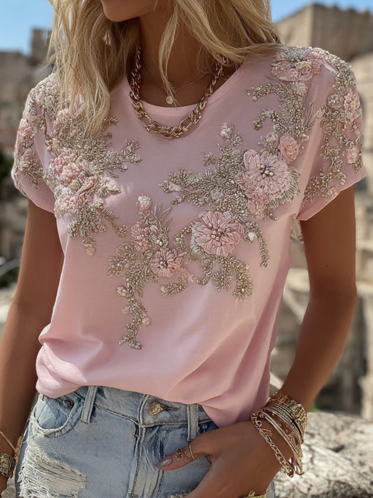 Women's Vintage Pink Flower Embroidery Art Short Sleeve Linen Blend T-shirt