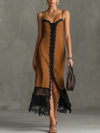 Brown Cotton Linen Lace Spliced Sleeveless Front Slit Maxi Dress