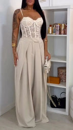 Lace Corset Cami Top & High Waist Pleated Wide Leg Pants Co-ord Set