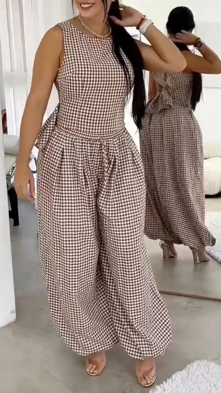 Brown Gingham Sleeveless Back Cutout Wide Leg Jumpsuit