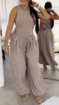 Brown Gingham Sleeveless Back Cutout Wide Leg Jumpsuit