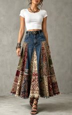 Bohemian Patchwork Denim Maxi Skirt