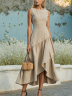 Maxi Cotton Dress , Sleeveless, Round Neck, Plain, Ruffles, French Vintage, Khaki