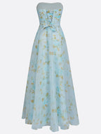 Light Blue Floral 3D Floral Tulle Strapless Sleeveless A-Line Floor-length Gown Dress