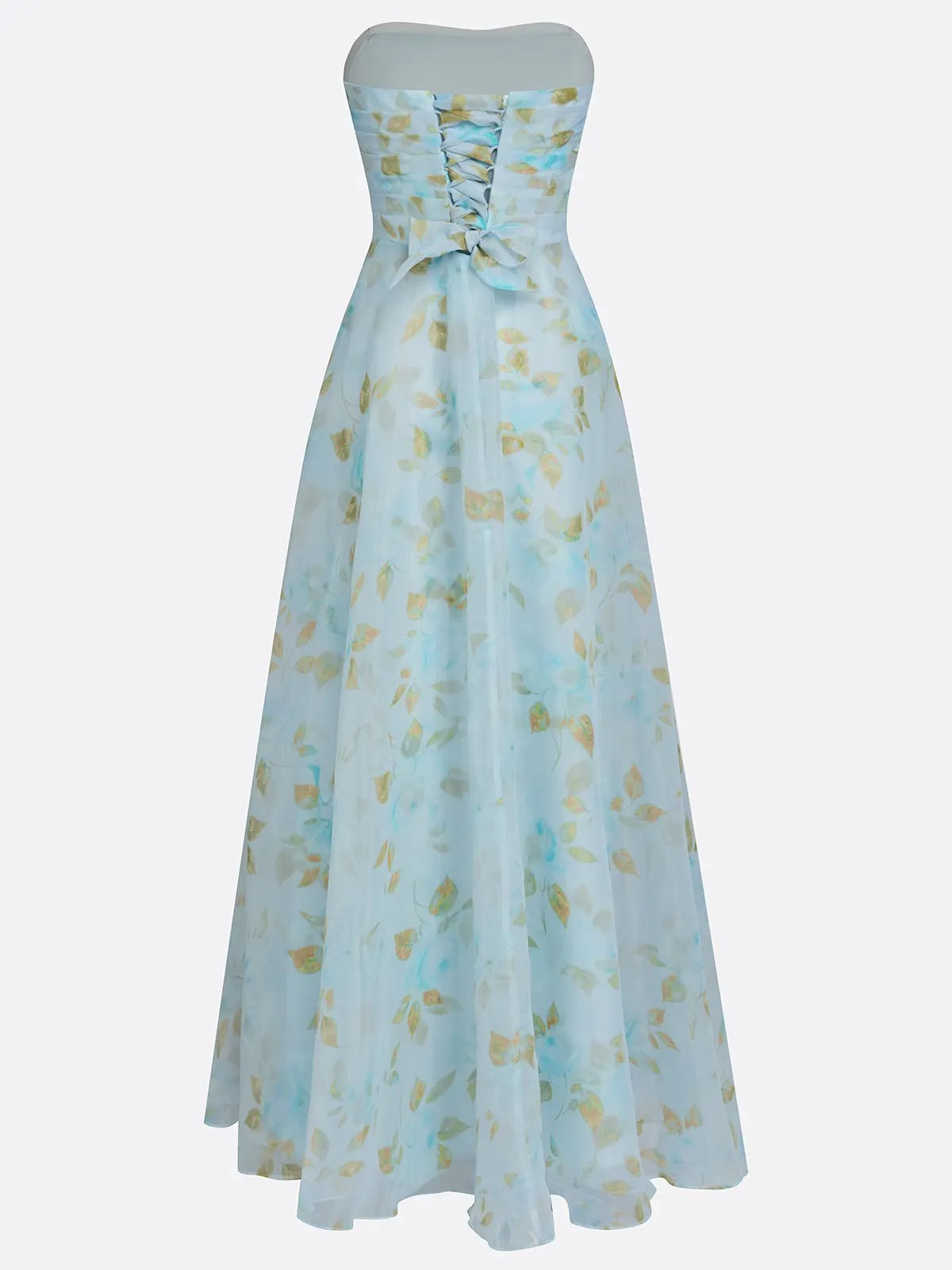 Light Blue Floral 3D Floral Tulle Strapless Sleeveless A-Line Floor-length Gown Dress