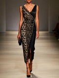 Black Lace Embroidery Sheer Mesh V Neck Sleeveless Wrap Sheath Maxi Dress