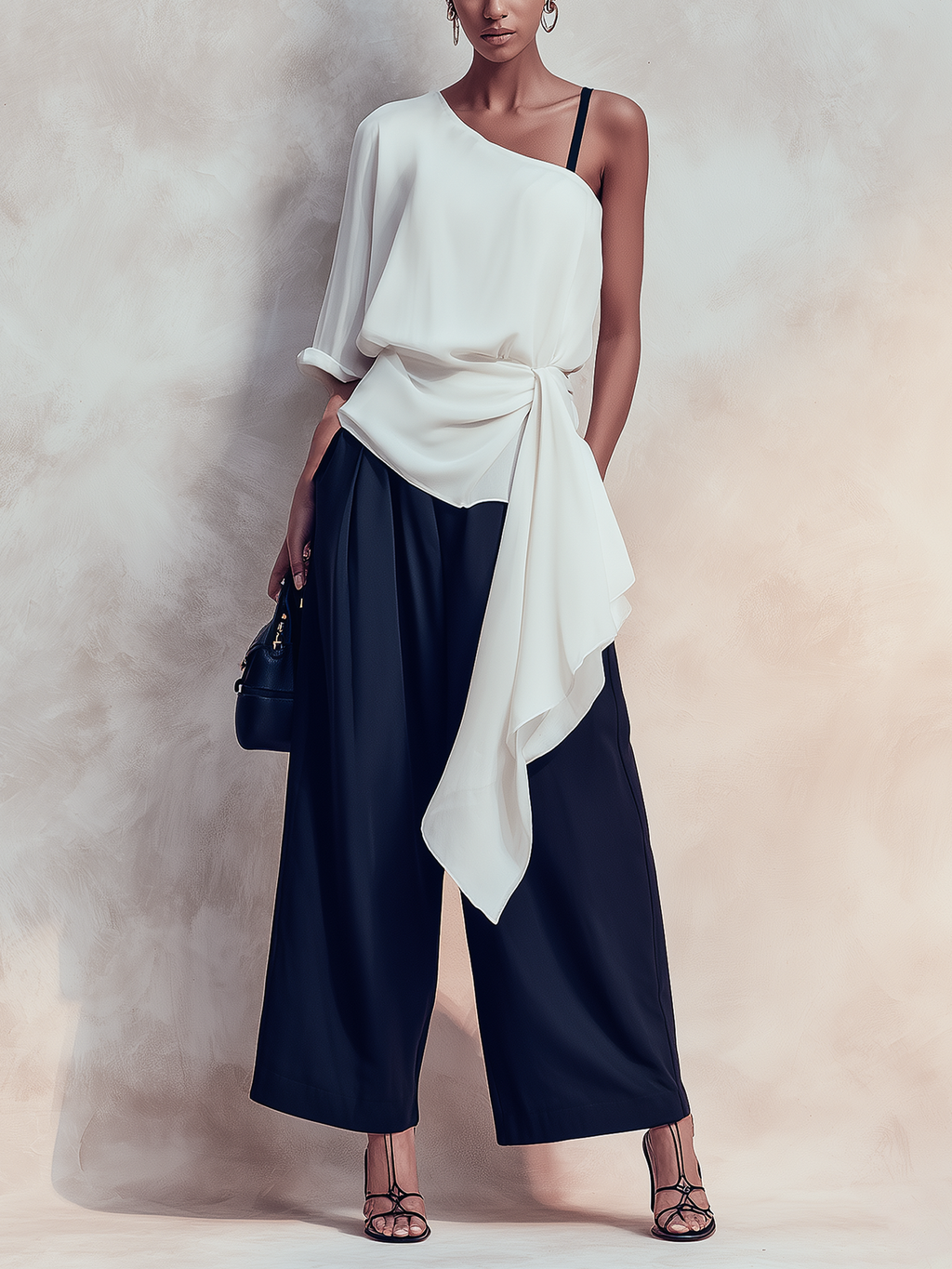 Asymmetric One-Shoulder Tie-Waist Top & Wide-Leg Trousers Co-Ord Set