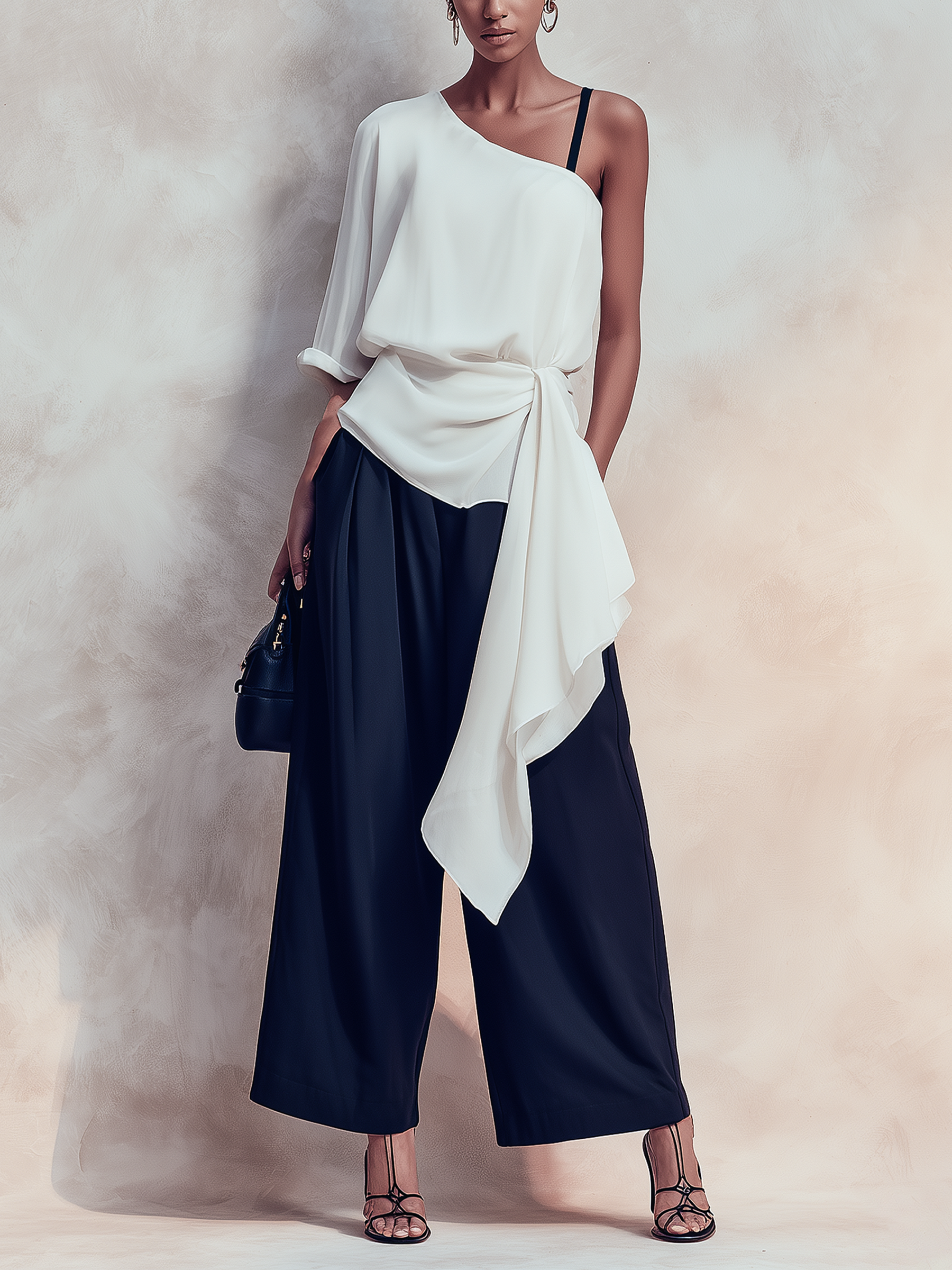 Asymmetric One-Shoulder Tie-Waist Top & Wide-Leg Trousers Co-Ord Set
