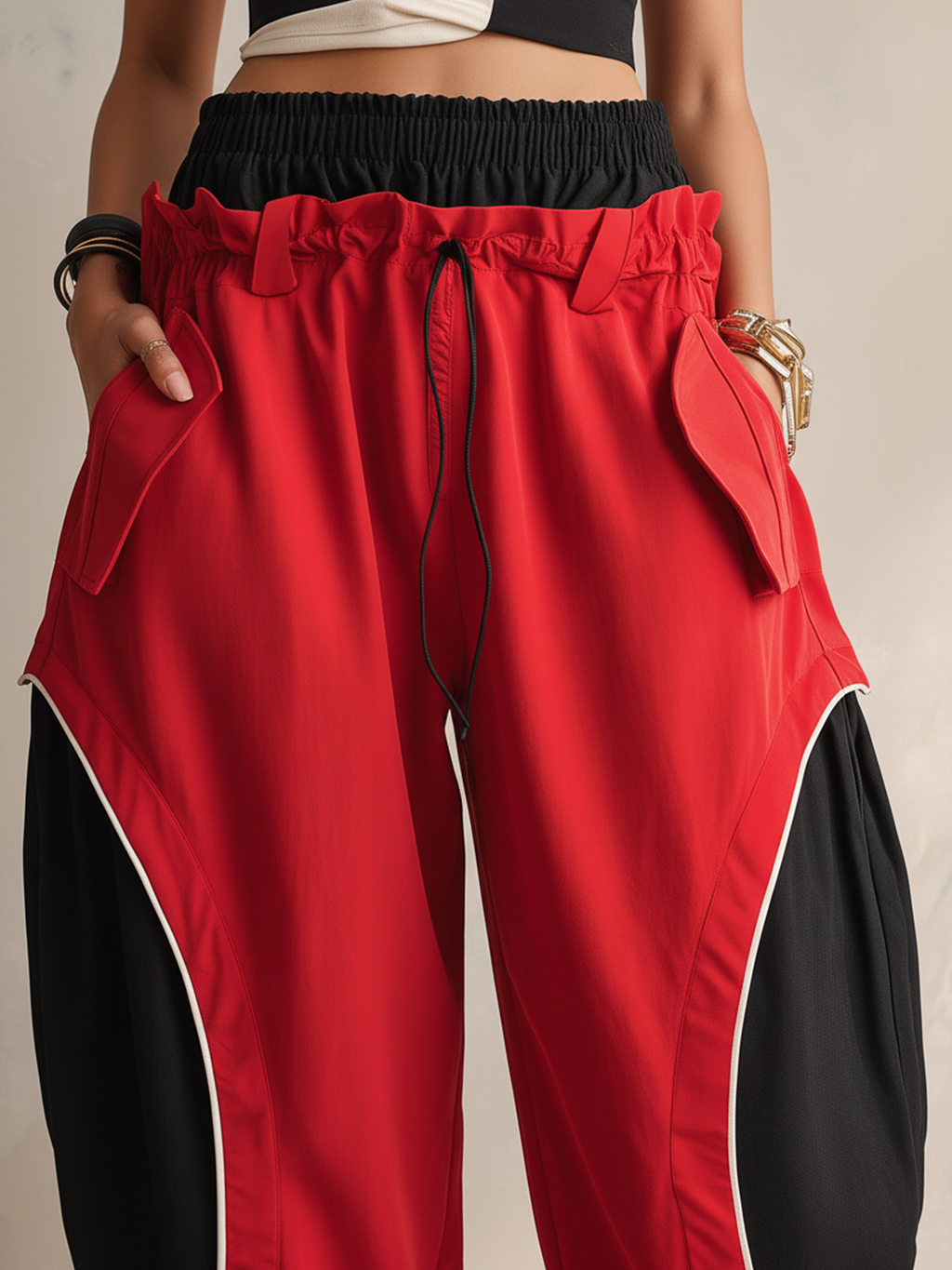 Dual-Waistband Red & Black Colorblock Baggy Cargo Pants