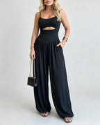 Waist Cutout Tie-Back Flowy Wide Leg Jumpsuit