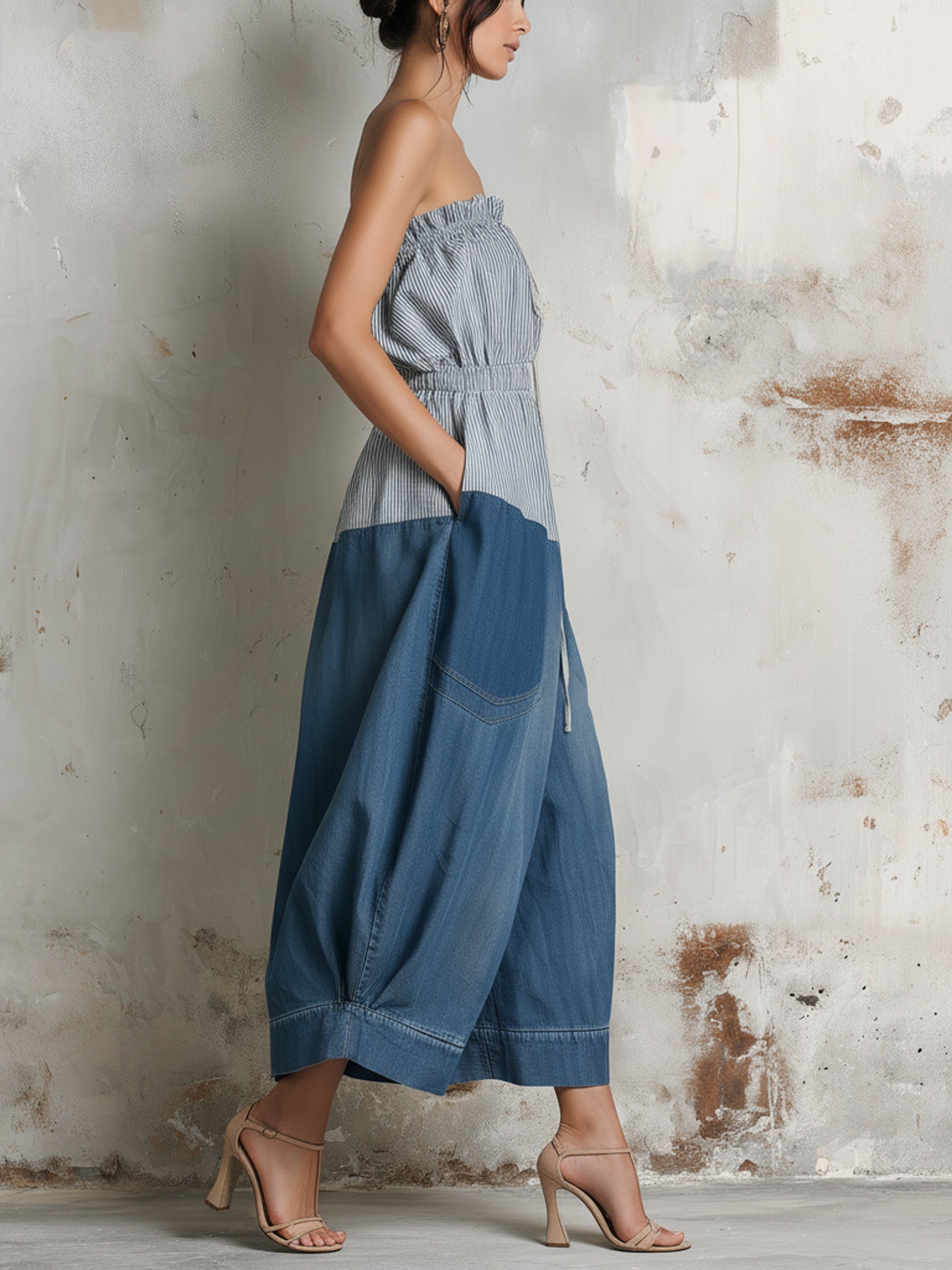 Striped Denim Strapless Wide-Leg Jumpsuit