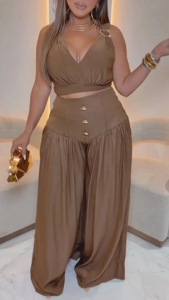 Halter Crop Top & High Waist Wide Leg Pants Set