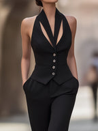 Black Halter Vest & Tailored Straight-Leg Pants Suit Set