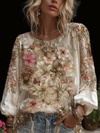 Bohème Floral Printed Cotton And Linen Round Neck Long Sleeve Top