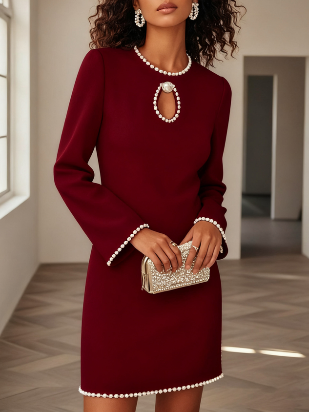 White Faux Pearl Cut Out Classic Crew Neck Long Sleeve Sheath Mini Dress