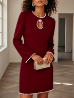 White Faux Pearl Cut Out Classic Crew Neck Long Sleeve Sheath Mini Dress