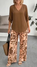 V Neck Top & Tropical Leaf Print Wide Leg Pant Two Piece