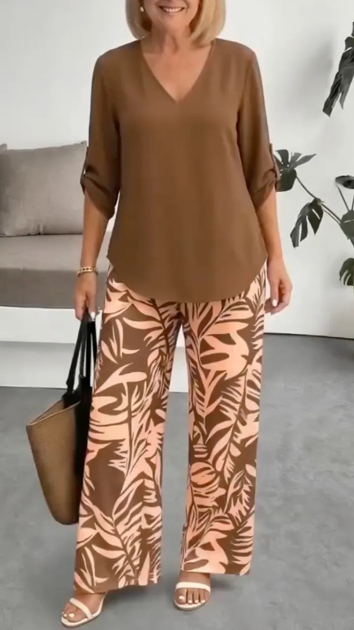 V Neck Top & Tropical Leaf Print Wide Leg Pant Two Piece