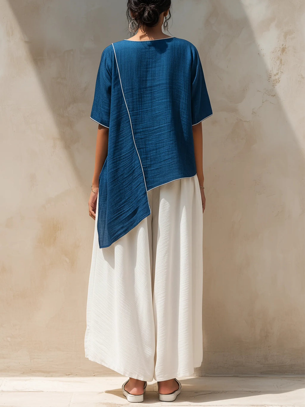 Blue Asymmetrical Top & White Wide-Leg Pants Two-Piece Set