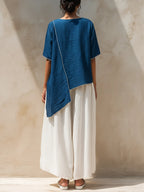 Blue Asymmetrical Top & White Wide-Leg Pants Two-Piece Set