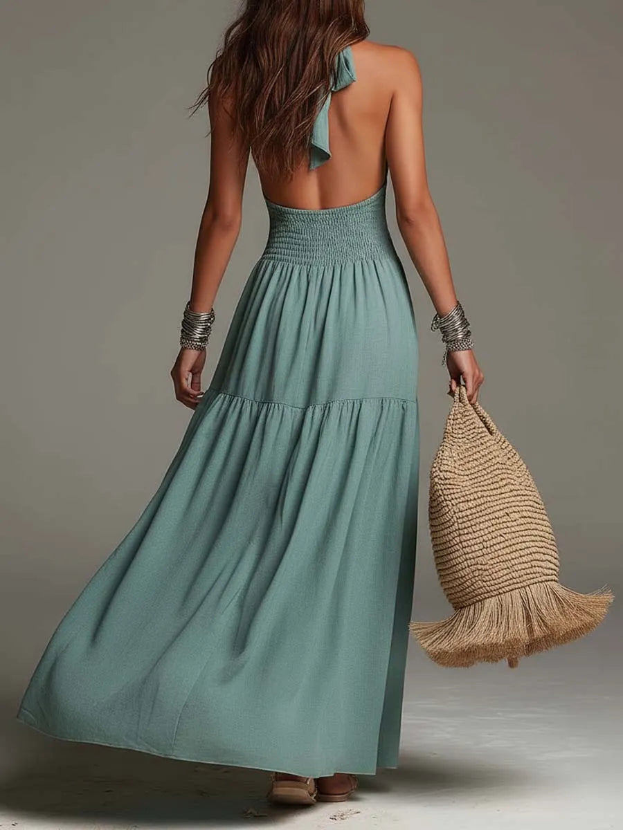 Bohemian Cotton-Linen Halter Smocked Tiered Maxi Dress